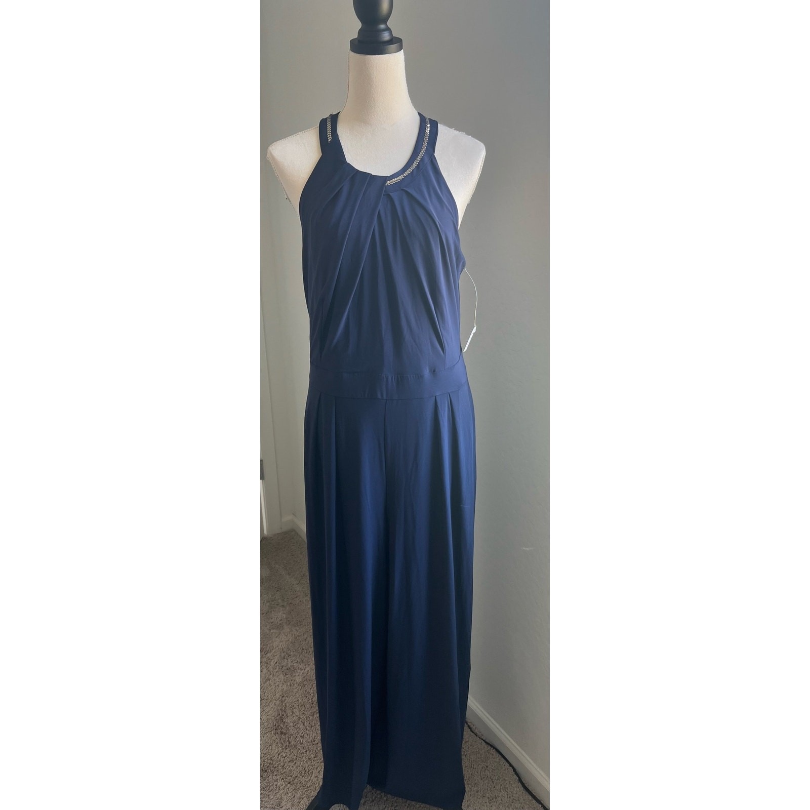 Dressbarn Roz & Ali Navy Blue Stud Fold Halter Sleeveless Wide Pant Jumpsuit 14w — image 2 of 8